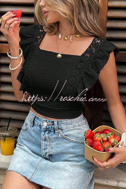 Solid Color Square Neck Lace Trim Slim-fit Cropped Top