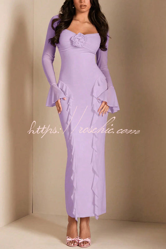Solid Color Long-sleeved Ruffled Slim-fit Maxi Dress