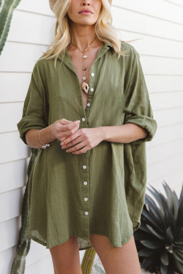 Solid Color Loose Long-sleeved Hollowed-out Long Cover-up Shirt