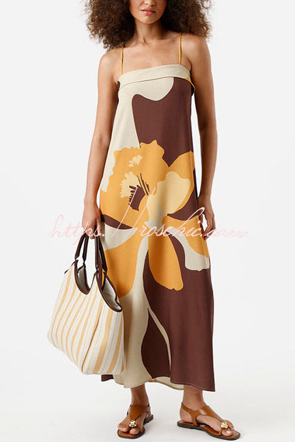 Light Breeze Color-block Floral Print Adjustable Strap H-line Midi Dress