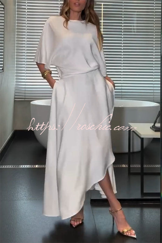 Modern and Elegant Satin Half Wide Sleeve Wrap Style Pocket Slit Loose Maxi Dress