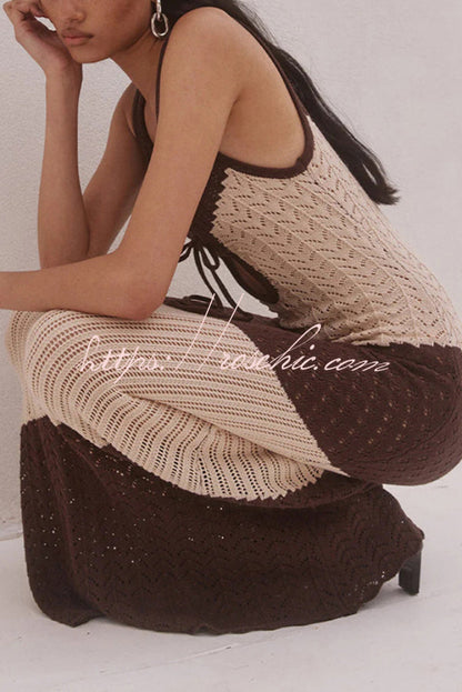 Fashionable Color-blocked Openwork Knit Slim-fit Maxi Dress