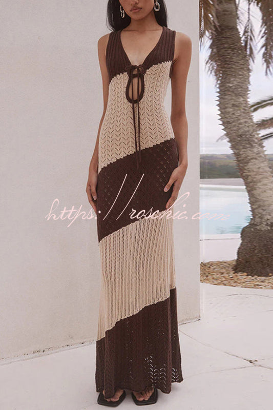 Fashionable Color-blocked Openwork Knit Slim-fit Maxi Dress