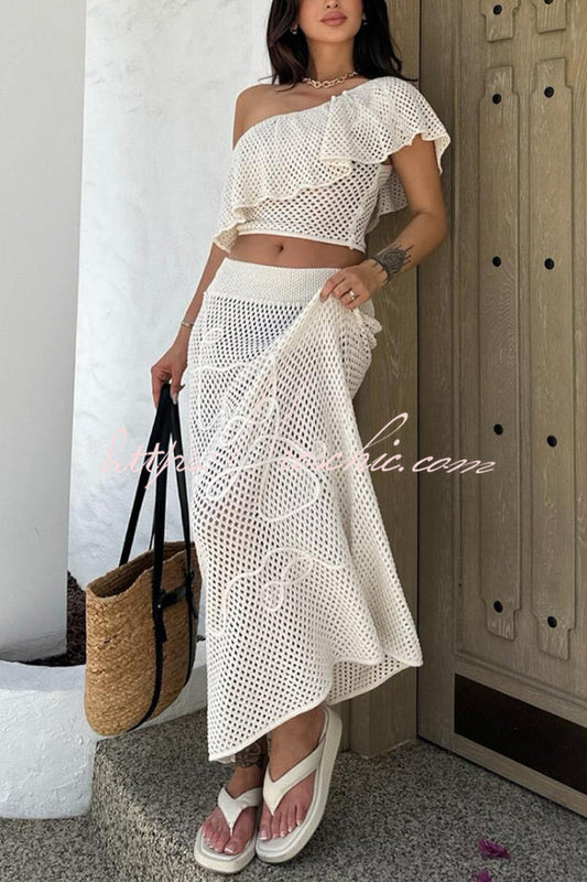 Solid Color One-shoulder Ruffled Openwork Top and Elastic Waist Holiday Knit Maxi Skirt Cover-up Set