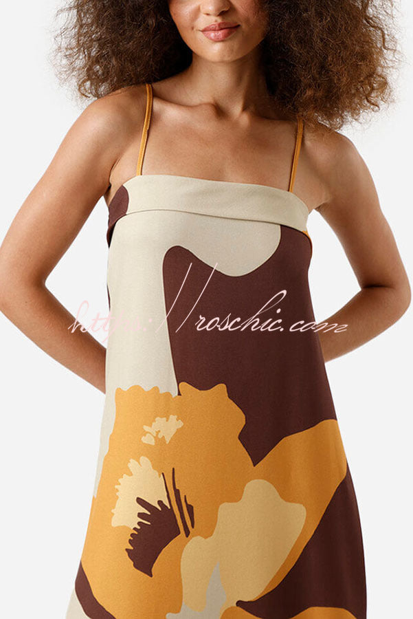 Light Breeze Color-block Floral Print Adjustable Strap H-line Midi Dress