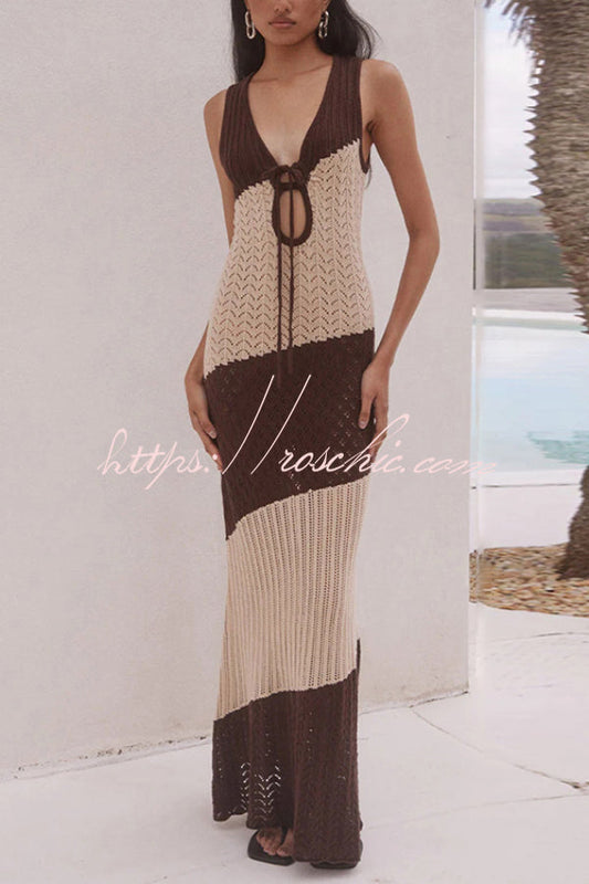 Fashionable Color-blocked Openwork Knit Slim-fit Maxi Dress