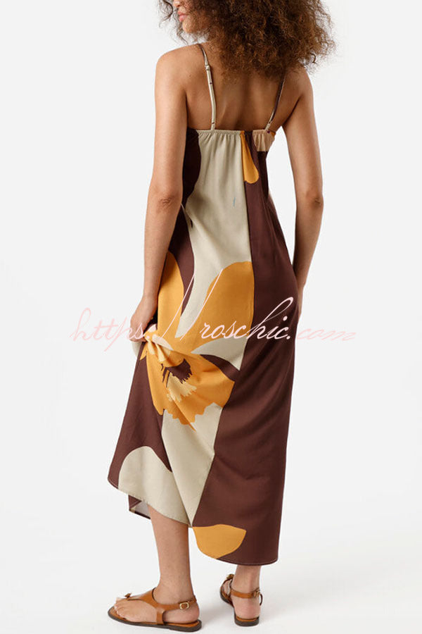 Light Breeze Color-block Floral Print Adjustable Strap H-line Midi Dress