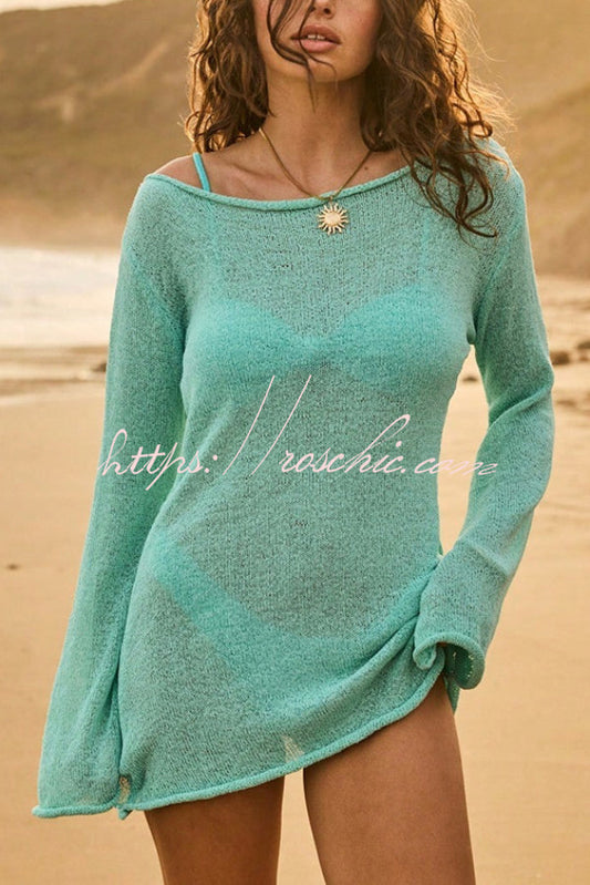 Solid Color Loose Long-sleeved Casual Knitted Cover-up Mini Dress