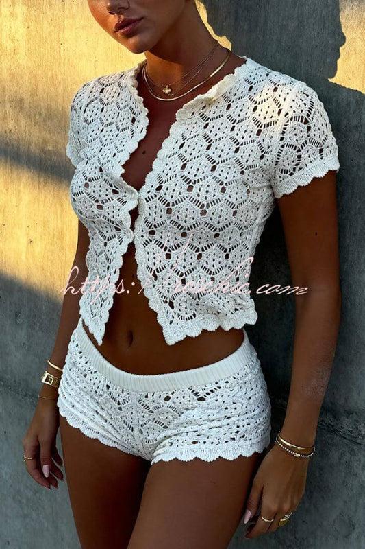 Solid Color Round Neck Short-sleeved Openwork Top and Casual Stretch Knit Shorts Cover-up Set
