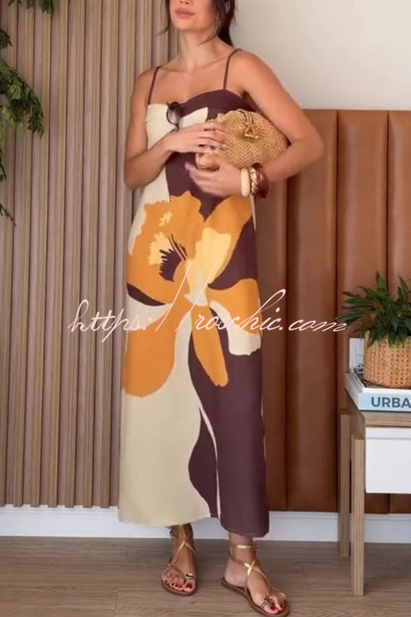 Light Breeze Color-block Floral Print Adjustable Strap H-line Midi Dress