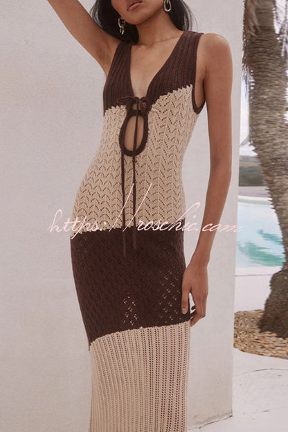 Fashionable Color-blocked Openwork Knit Slim-fit Maxi Dress