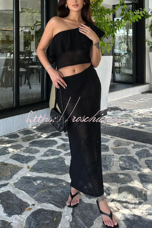 Solid Color One-shoulder Ruffled Openwork Top and Elastic Waist Holiday Knit Maxi Skirt Cover-up Set